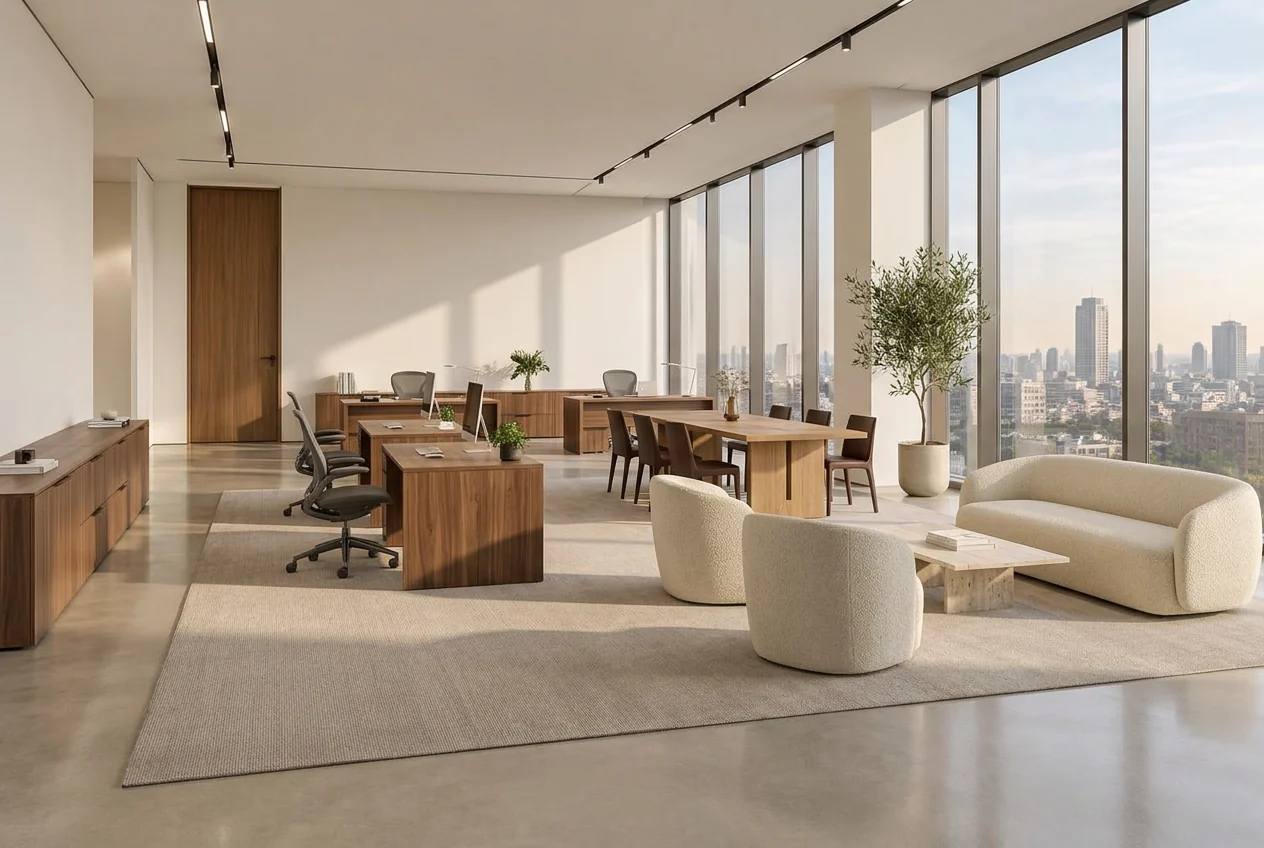 The same corporate office furnished with Mahran manufactured walnut desks, oak meeting table and boucle lounge seating